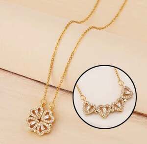 2-in-1 Magnetic Four Leaf Clover and Heart Folding Pendant Necklace in Gold Tone